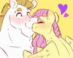 Size: 2000x1600 | Tagged: safe, artist:canisrettmajoris, character:bulk biceps, character:fluttershy, species:pegasus, species:pony, ship:flutterbulk, blushing, digital art, eyes closed, female, heart, kissing, looking at each other, male, mare, nuzzling, shipping, simple background, smiling, stallion, straight, yellow background