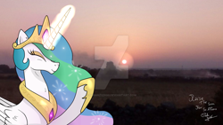 Size: 1024x576 | Tagged: safe, artist:susanzx2000, character:princess celestia, irl, obtrusive watermark, photo, ponies in real life, praise the sun, reallife, solo, sun, watermark