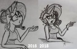 Size: 1000x636 | Tagged: safe, artist:palmartz44, character:rarity, species:anthro, species:pony, species:unicorn, clothing, comparison, draw this again, female, hair bun, improvement, progress, solo, traditional art