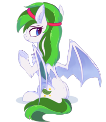 Size: 1584x1823 | Tagged: safe, artist:aureai-sketches, oc, oc only, oc:soothing leaf, species:bat pony, species:pony, accessories, chest fluff, cute, cute little fangs, dock, ear fluff, fangs, female, happy, hoof fluff, leg fluff, lidded eyes, long hair, looking back, mare, raised eyebrow, raised hoof, simple background, sitting, smiling, solo, spread wings, transparent background, wings
