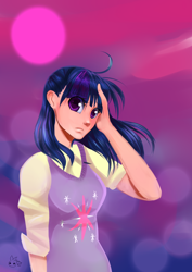 Size: 2480x3507 | Tagged: safe, artist:tunna10, character:twilight sparkle, species:human, abstract background, clothing, cutie mark on clothes, female, high res, humanized, solo