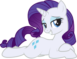 Size: 2879x2188 | Tagged: safe, artist:lightning stripe, derpibooru original, character:rarity, species:pony, species:unicorn, bedroom eyes, blue eyes, cutie mark, draw me like one of your french girls, eyelashes, eyeshadow, female, grin, lidded eyes, lying down, makeup, mare, purple hair, purple mane, seductive look, show accurate, simple background, smiling, solo, transparent background, white coat