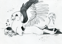 Size: 1736x1234 | Tagged: safe, artist:ellisarts, oc, oc only, oc:der, species:griffon, earbuds, lying down, male, micro, monochrome, mp3 player, music, music notes, solo, traditional art
