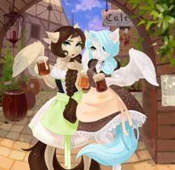 Size: 3027x2925 | Tagged: safe, artist:zlatavector, oc, oc only, species:anthro, species:pegasus, species:pony, alcohol, anthro oc, beer, clothing, commission, digital art, dress, duo, female, high res, mare, ych result