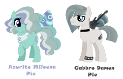 Size: 834x534 | Tagged: safe, artist:hazardous-andy, base used, oc, oc:azure pie, oc:gabbro pie, parent:coco pommel, parent:marble pie, parents:marblecoco, species:earth pony, species:pony, brother and sister, choker, duo, female, hair over one eye, magical lesbian spawn, male, mare, offspring, raised hoof, simple background, spiked wristband, stallion, transparent background, wristband