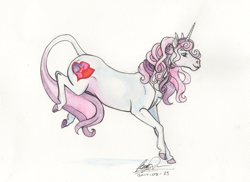 Size: 1024x744 | Tagged: safe, artist:sagastuff94, character:sweetie belle, species:classical unicorn, species:pony, species:unicorn, cloven hooves, cutie mark, female, hoers, leonine tail, mare, older, older sweetie belle, realistic anatomy, realistic horse legs, solo, teenager, the cmc's cutie marks, traditional art