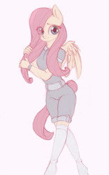 Size: 565x900 | Tagged: safe, artist:yasuokakitsune, character:fluttershy, species:anthro, species:pegasus, g4, clothing, cute, eye clipping through hair, female, jumpsuit, kneesocks, mare, pink background, shirt, shorts, shyabetes, simple background, sketch, socks, solo
