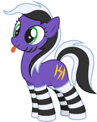 Size: 2204x2763 | Tagged: safe, artist:lightning stripe, derpibooru original, oc, oc only, oc:lightning stripe, species:earth pony, species:pony, black and white mane, blep, clothing, cross-eyed, female, green eyes, mare, purple, show accurate, silly, simple background, socks, solo, striped socks, stripes, tongue out, transparent background