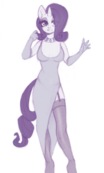 Size: 541x900 | Tagged: safe, artist:yasuokakitsune, character:rarity, species:anthro, species:pony, species:unicorn, clothing, dress, evening gloves, female, garters, gloves, jewelry, long gloves, mare, necklace, side slit, smiling, solo, stockings, thigh highs, traditional art