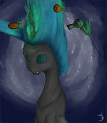 Size: 2000x2300 | Tagged: safe, artist:ruanshi, character:queen chrysalis, species:changeling, abstract background, brushing, bust, changeling queen, eyes closed, female, glowing horn, hair dryer, hairbrush, magic, solo, telekinesis