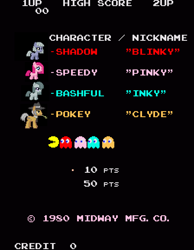 Size: 672x864 | Tagged: safe, artist:anonycat, edit, character:igneous rock pie, character:limestone pie, character:marble pie, character:pinkie pie, desktop ponies, cute, fikky, foal, limabetes, marblebetes, pac-man, pie family, pun