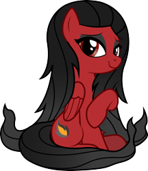 Size: 2507x2905 | Tagged: safe, artist:lightning stripe, derpibooru original, oc, oc only, oc:smoky shadows, species:pegasus, species:pony, black mane, cutie mark, eyelashes, eyeliner, female, lidded eyes, long hair, long mane, long tail, makeup, mare, red, red coat, red eyes, show accurate, simple background, sitting, smiling, solo, transparent background, wings