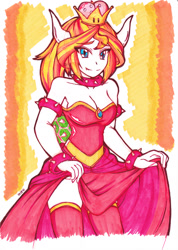 Size: 2488x3504 | Tagged: safe, artist:dragonemperror2810, character:sunset shimmer, species:human, big breasts, bowser, bowsette, breasts, busty sunset shimmer, cleavage, clothing, cosplay, costume, crossover, dress, female, horns, humanized, new super mario bros. u deluxe, nintendo, nintendo direct, skirt, skirt lift, smiling, solo, stockings, super crown, super mario bros., thigh highs, toadette, traditional art