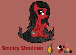 Size: 1100x800 | Tagged: safe, artist:lightning stripe, derpibooru original, oc, oc only, oc:smoky shadows, species:pegasus, species:pony, black mane, cutie mark, eyelashes, eyeliner, female, lidded eyes, long hair, long mane, long tail, makeup, mare, red, red and black oc, red background, red coat, red eyes, reference sheet, show accurate, simple background, sitting, smiling, solo, wings
