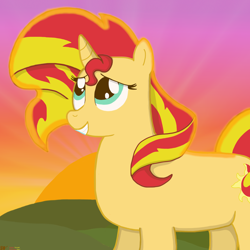 Size: 3000x3000 | Tagged: safe, artist:devfield, character:sunset shimmer, species:pony, species:unicorn, cute, cutie mark, female, glow, mare, outdoors, shimmerbetes, smiling, solo, sunset, sunset shimmer day, two toned mane