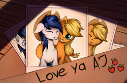Size: 3000x1975 | Tagged: safe, artist:adagiostring, character:applejack, oc, oc:constance everheart, canon x oc, commission, cute, everjack, female, group, hug, male, shipping, straight, warm