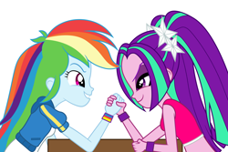 Size: 6000x4000 | Tagged: safe, artist:spottedlions, character:aria blaze, character:rainbow dash, equestria girls:rainbow rocks, g4, my little pony: equestria girls, my little pony:equestria girls, absurd resolution, arm wrestling, clothing, friendshipping, hands together, midriff, simple background, table, white background