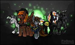 Size: 2500x1500 | Tagged: safe, artist:theomegaridley, oc, oc only, oc:calamity, oc:littlepip, oc:pyrelight, oc:steelhooves, oc:velvet remedy, oc:xenith, species:balefire phoenix, species:earth pony, species:pegasus, species:phoenix, species:pony, species:unicorn, species:zebra, fallout equestria, applejack's rangers, armor, battle saddle, clothing, dashite, fanfic, fanfic art, female, fluttershy medical saddlebag, gun, hat, hooves, horn, male, mare, medical saddlebag, open mouth, pipbuck, power armor, rifle, saddle bag, smiling, spread wings, stallion, steel ranger, vault suit, weapon, wings
