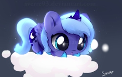 Size: 1024x646 | Tagged: safe, artist:sverre93, character:princess luna, species:alicorn, species:pony, g4, chibi, cloud, crown, cute, female, filly, hoof shoes, jewelry, looking down, lunabetes, regalia, signature, solo, sverre is trying to murder us, watermark, woona, younger