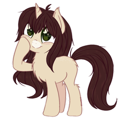 Size: 600x573 | Tagged: safe, artist:sinamuna, oc, oc only, oc:cinnamon fawn, ponysona, species:pony, species:unicorn, blushing, brown hair, chest fluff, cute, fluffy, full body, green eyes, hazel eyes, horn, long hair, redesign, reference, simple background, smiling, solo, transparent background, updated design