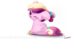 Size: 1024x561 | Tagged: safe, artist:sverre93, character:princess cadance, species:alicorn, species:pony, blushing, bow, chibi, cute, cutedance, female, filly, filly cadance, hair bow, hnnng, looking at you, looking back, looking back at you, one eye closed, simple background, sverre is trying to murder us, tail bow, white background, wink, younger