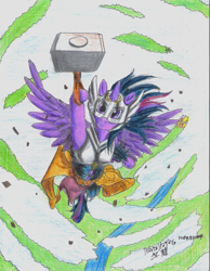 Size: 1700x2190 | Tagged: safe, artist:edhelistar, character:twilight sparkle, character:twilight sparkle (alicorn), species:alicorn, species:pony, aerial view, armor, armpits, breastplate, clothing, cloud, crossover, female, flying, hammer, helmet, kanji, marvel, marvel comics, mjölnir, river, signature, solo, spread wings, tengwar, thor, thorlight sparkle, war hammer, wings
