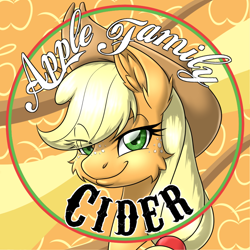 Size: 900x900 | Tagged: safe, artist:ravvij, character:applejack, species:earth pony, species:pony, fallout equestria, bottle, bottlecap, cap, cider, clothing, cowboy hat, cute, ear fluff, fallout, fanfic, fanfic art, female, hat, hooves, mare, ministry mares, ministry of wartime technology, smiling, solo, sparkle cola, stetson, top