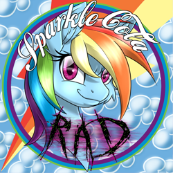 Size: 900x900 | Tagged: safe, artist:ravvij, character:rainbow dash, species:pegasus, species:pony, fallout equestria, bottlecap, bust, cap, clothing, cloud, cute, ear fluff, fallout, fanfic, fanfic art, female, hat, mare, ministry mares, ministry of awesome, muzzle fluff, portrait, rad, rainbow, solo, sparkle cola, sparkle cola rad, text, wings