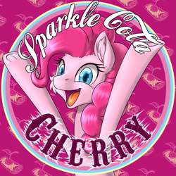 Size: 899x899 | Tagged: safe, artist:ravvij, character:pinkie pie, species:earth pony, species:pony, fallout equestria, bottle, bottlecap, cap, cheer, cherry, clothing, cute, ear fluff, fallout, fanfic, fanfic art, female, food, grin, happy, hat, hooves, mare, ministry mares, ministry of morale, open mouth, pie, pink, sakura pie, smiling, soda, solo, sparkle, sparkle cola, text, top