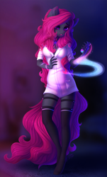 Size: 1161x1920 | Tagged: safe, artist:shenki, oc, oc only, species:anthro, species:pony, species:unguligrade anthro, anthro oc, breasts, clothing, commission, explicit source, female, garters, mare, shirt, signature, socks, solo, stockings, thigh highs, vial