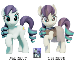 Size: 2650x2248 | Tagged: safe, artist:therealdjthed, character:coloratura, species:earth pony, species:pony, 3d, 3d model, before and after, blender, clothing, comparison, cute, female, looking at you, mare, model:djthed, raised hoof, rara, rarabetes, simple background, smiling, solo, text, transparent background