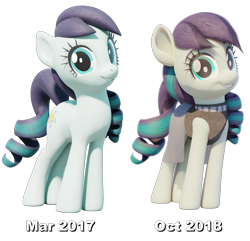 Size: 2336x2248 | Tagged: safe, artist:therealdjthed, character:coloratura, species:earth pony, species:pony, 3d, 3d model, before and after, blender, clothing, comparison, cute, female, looking at you, mare, model:djthed, rara, rarabetes, simple background, smiling, solo, text, transparent background