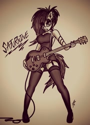 Size: 1687x2337 | Tagged: safe, artist:palmartz44, oc, species:anthro, species:pony, species:unicorn, anthro oc, clothing, guitar, hair over one eye, lingerie, messy mane, see-through, socks, stockings, thigh highs