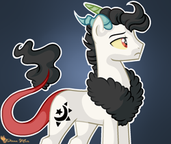Size: 1024x861 | Tagged: safe, artist:dianamur, oc, oc only, oc:prince illusion, parent:discord, parent:princess celestia, parents:dislestia, species:pony, kilalaverse, chest fluff, colored sclera, draconequus hybrid, gradient background, horns, hybrid, interspecies offspring, male, offspring, signature, solo