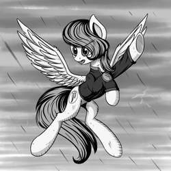 Size: 3000x3000 | Tagged: safe, artist:adagiostring, oc, oc:morning glory (project horizons), species:pegasus, species:pony, fallout equestria, fallout equestria: project horizons, black and white, fanfic art, female, flying, grayscale, manga, monochrome, rain, solo