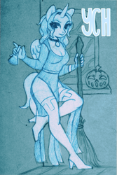 Size: 533x800 | Tagged: safe, artist:yasuokakitsune, oc, species:alicorn, species:anthro, species:pony, advertisement, boots, broom, clothing, commission, curvy, dress, full body, halloween, halloween costume, holiday, jewelry, looking at you, monochrome, necklace, poison, pumpkin, shoes, sketch, solo, standing, standing on one leg, traditional art, vial, window, witch, ych example, your character here