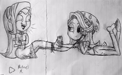 Size: 3318x2031 | Tagged: safe, artist:michaelmaddox222, character:starlight glimmer, character:trixie, ship:startrix, my little pony:equestria girls, barefoot, bondage, feet, female, lesbian, mischievous grin, monochrome, shipping, sketch, story included, straitjacket, tickle torture, tickling