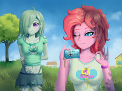 Size: 2500x1859 | Tagged: safe, artist:generalecchi, character:marble pie, character:pinkie pie, my little pony:equestria girls, alternate hairstyle, belly button, boob window, bra, camera, clothing, cute, equestria girls-ified, female, hair over one eye, house, midriff, miniskirt, panties, short hair, short shirt, sisters, skirt, thong, underwear