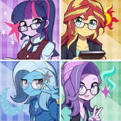 Size: 555x555 | Tagged: safe, artist:caibaoreturn, edit, character:starlight glimmer, character:sunset shimmer, character:trixie, character:twilight sparkle, character:twilight sparkle (scitwi), species:eqg human, my little pony:equestria girls, adorkable, anime, barrette, beanie, book, clothing, crystal prep academy uniform, cute, cutie mark background, diatrixes, dork, dress, female, glasses, glimmerbetes, hairclip, hairpin, hat, hoodie, jacket, looking at you, magical quartet, meganekko, necktie, open mouth, peace sign, ponytail, quartet, school uniform, shimmerbetes, shirt, smiling, twiabetes, uniform, vest