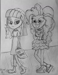 Size: 1024x1332 | Tagged: safe, artist:michaelmaddox222, character:maud pie, character:pinkie pie, my little pony:equestria girls, bondage, female, hay topic, monochrome, pencil drawing, restrained, sisters, straitjacket, traditional art