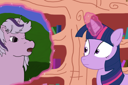 Size: 6000x4000 | Tagged: safe, artist:devfield, character:twilight sparkle, species:pony, 35th anniversary, book, generational ponidox, golden oaks library, library, looking at each other, magic, ponidox, rift, spell, startled, time paradox, two toned mane