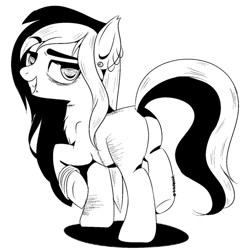 Size: 600x607 | Tagged: safe, artist:sinamuna, oc, oc only, oc:blue spectrum, species:earth pony, species:pony, bags under eyes, bicolor mane, black and white, cocky, contrast, ear piercing, earring, empty eyes, eyebrows, fangs, female, grayscale, jewelry, long hair, looking back, mare, monochrome, piercing, scar, sketch, smug, solo, stellar-ponies