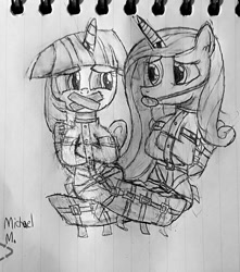 Size: 1024x1158 | Tagged: safe, artist:michaelmaddox222, character:princess cadance, character:twilight sparkle, character:twilight sparkle (alicorn), species:alicorn, species:pony, ballgag, black and white, bondage, bound and gagged, bound together, bound wings, floppy ears, gag, grayscale, helpless, horn ring, lineart, lined paper, looking at each other, magic suppression, monochrome, mummyjacket, restraints, signature, sitting on person, story included, straitjacket, struggling, tape gag, traditional art, worried