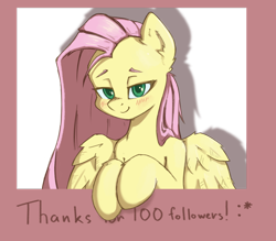 Size: 1024x895 | Tagged: safe, artist:danli69, character:fluttershy, species:pegasus, species:pony, blushing, bust, cute, female, followers, human shoulders, lidded eyes, looking at you, mare, milestone, shyabetes, simple background, smiling, solo, stray strand, thank you, transparent background, wings