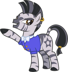 Size: 2719x2866 | Tagged: safe, artist:lightning stripe, derpibooru original, oc, oc only, oc:zester, species:pony, species:zebra, bow tie, brown eyes, buttons, clothing, cutie mark, ear piercing, earring, eyelashes, female, gray, jewelry, mare, piercing, shit eating grin, show accurate, simple background, solo, striped mane, stripes, suit, transparent background, zebra oc