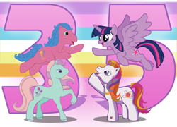 Size: 1495x1079 | Tagged: safe, artist:lightning stripe, derpibooru original, character:melody, character:sunny daze (g3), character:twilight sparkle, character:twilight sparkle (alicorn), species:alicorn, species:earth pony, species:pony, g1, g2, g3, g4, my little pony tales, 35th anniversary, blue, blue mane, cutie mark, green coat, group, ivy, open mouth, orange, pink, pink coat, pink mane, purple, purple eyes, rainbow background, show accurate, smiling, white, white coat, yellow
