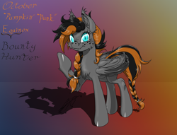 Size: 1600x1223 | Tagged: safe, artist:ravvij, oc, oc only, oc:october equinox, species:bat, species:bat pony, species:pony, :t, bat pony oc, bat wings, bounty hunter, bracelet, braid, braided tail, butt, cheek fluff, chest fluff, collar, cute, ear fluff, ear freckles, ear piercing, ear tufts, eyebrow piercing, eyelashes, fangs, female, fluffy, food, freckles, goth, gradient background, halloween, highlights, holiday, hoof over mouth, jewelry, leg fluff, looking at you, mane, mare, moon, ocbetes, piercing, plot, punk, raised hoof, reference sheet, shoulder fluff, slit eyes, smiling, solo, spiked collar, spiked wristband, spread wings, tail, tail wrap, text, two toned mane, vampire, vampony, wall of tags, wing fluff, wing freckles, wings, wip, wristband