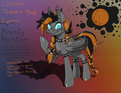 Size: 1600x1223 | Tagged: safe, artist:ravvij, oc, oc only, oc:october equinox, species:bat, species:bat pony, species:pony, :t, autumn, bat wings, bounty hunter, bracelet, braid, butt, cheek fluff, chest fluff, collar, cute, cutie mark, ear fluff, ear freckles, ear piercing, ear tufts, eyebrow piercing, eyelashes, fangs, female, fluffy, food, freckles, goth, gradient background, halloween, highlights, hoof over mouth, jewelry, leg fluff, looking at you, mane, mare, moon, ocbetes, piercing, plot, punk, raised hoof, reference sheet, shoulder fluff, slit eyes, smiling, solo, spiked collar, spiked wristband, spread wings, tail, tail wrap, text, two toned mane, vampire, vampony, wall of tags, wing fluff, wing freckles, wings, wristband