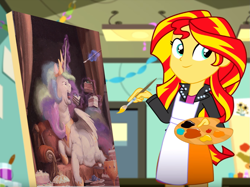 Size: 1011x758 | Tagged: safe, artist:cannibalus, edit, edited screencap, editor:gay-horse, screencap, character:princess celestia, character:princess luna, character:sunset shimmer, species:alicorn, species:pony, episode:the art of friendship, eqg summertime shorts, g4, my little pony: equestria girls, my little pony:equestria girls, cake, cakelestia, chubbylestia, cute, eating, exploitable meme, fat, female, food, funny, goblet, levitation, magic, meme, obese, open mouth, painting, prone, shimmerbetes, solo, sunset's painting, telekinesis, tongue out