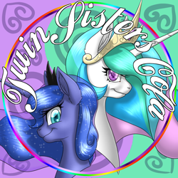 Size: 900x900 | Tagged: safe, artist:ravvij, character:princess celestia, character:princess luna, species:alicorn, species:pony, fallout equestria, bottle, bottlecap, bust, cap, duo, duo female, fallout, female, flowing mane, horn, mare, portrait, princess, profile, royal sisters, sisters, soda, text, twin sisters, twin sisters cola, two sisters